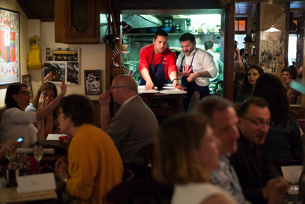 Paris, France. 21st June, 2016. The Chef of the French Bistrot L'Ami Jean - Sebastien Jego - welcome in his restaurant a refugee Syrian Chef, Mohamed Al Khaldy, during the Refugee Food Festival, organized in Paris. Corentin Fohlen for The New York Times.