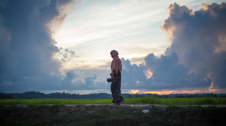 A Rohingya woman crosses the border from Myanmar into Bangladesh near the village of Anzuman Para in Palong Khali. ; As an estimated 500,000 Rohingya sought safety in Bangladesh between late-August and October 2017, UNHCR worked with the authorities to create a transit centre to prepare for a further influx, as some 11,000 people crossed the border on 9th October. They crossed by land into south-eastern Bangladesh through several points. Many came from the Buthidaung area in Myanmar’s northern Rakhine state. Some said they fled torching and killings. Others said they left in fear ahead of anticipated violence. To reach Bangladesh, they walked for days, many carrying children. They waded through marshland before swimming across the Naf river that divides the two countries. UNHCR worked swiftly to accommodate as many as possible in the camps and settlements in Kutupalong and Balukhali, and provided emergency relief items.